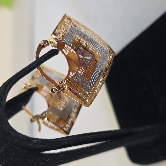 Gold Filled Cut Out Greek Key Basket Earrings - Picture 9 of 9